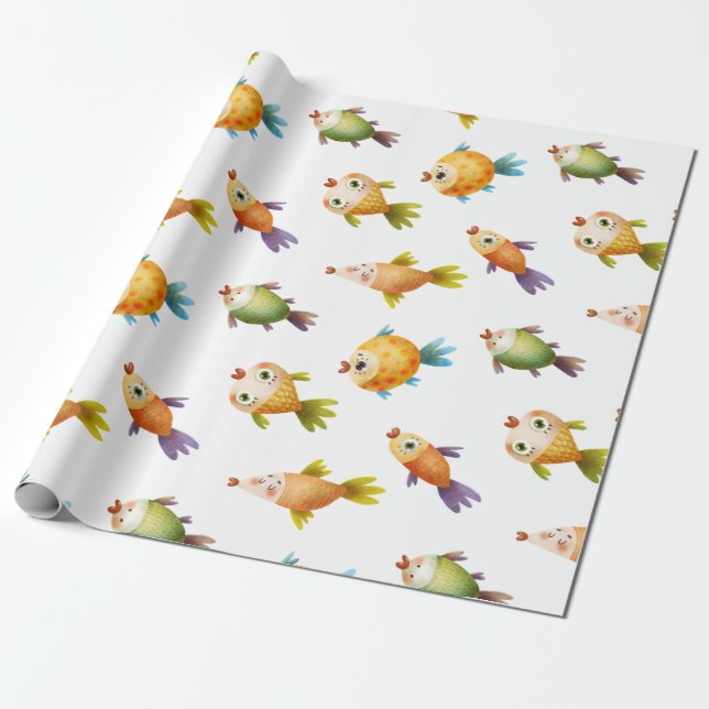 Cute Colourful Goldfish on White Wrapping Paper (Unrolled)