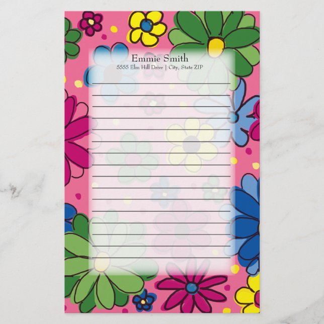Cute Colourful Green Pink Blue Flowers on Pink Stationery (Front)