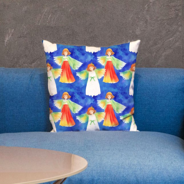 Cute Colourful Guardian Angels Blue Watercolor Kid Cushion (Creator Uploaded)