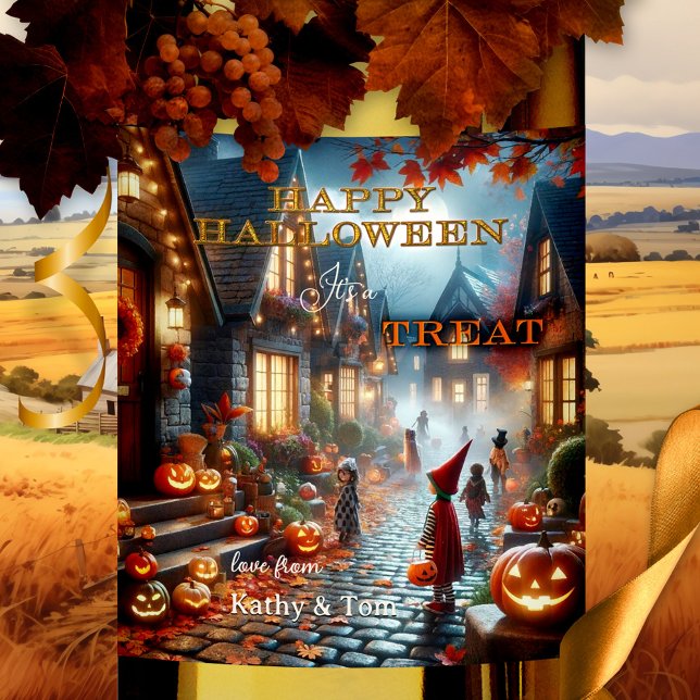 Cute Colourful Halloween Treat  Wine Label (Halloween wine label featuring children going door to door for a treat)