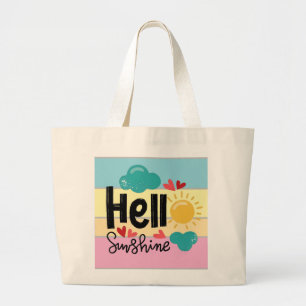 Cute colourful Hand Drawn Art Hello Sunshine Text Large Tote Bag