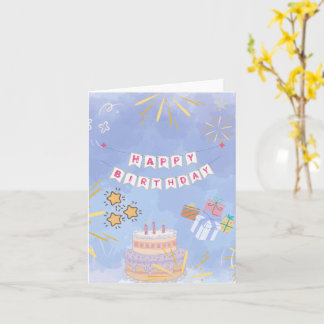 Cute Colourful Happy Birthday Cake & Gifts Greetin Card