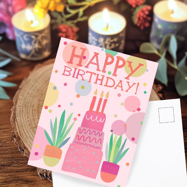 Cute Colourful Happy Birthday Cake Pink Bold Pop Postcard (Cute Colorful Happy Birthday Cake Pink Bold Pop Postcard
)