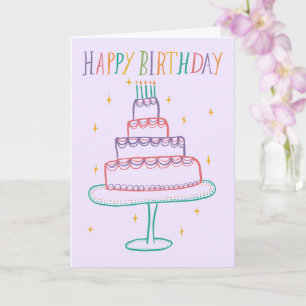 Cute Colourful Happy Birthday Cake Sketch Doodle Card
