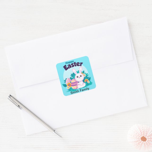Cute Colourful Happy Easter Bunny   Square Sticker (Envelope)