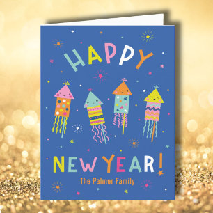 Cute Colourful Happy New Year Fireworks Holiday Card