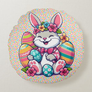 Cute, & colourful Hawaiian/tropical Easter bunny Round Cushion
