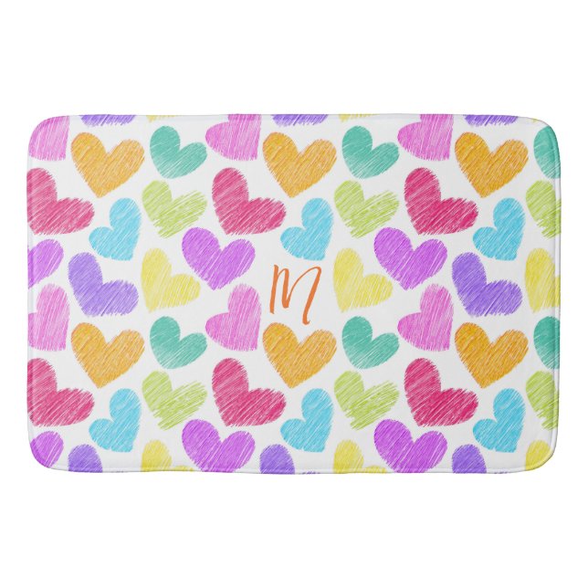 Cute Colourful Heart Pastel Valentine Love Monogra Bath Mat (Front)