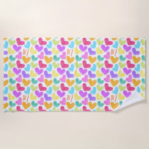 Cute Colourful Heart Pastel Valentine Love Monogra Beach Towel
