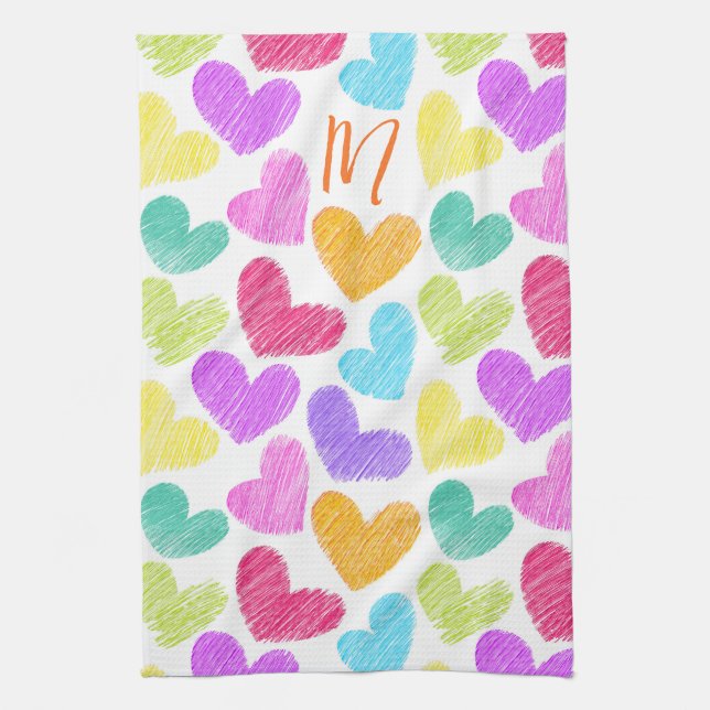 Cute Colourful Heart Pastel Valentine Love Monogra Tea Towel (Vertical)