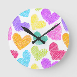 Cute Colourful Heart Pastel Valentine Love Pattern Round Clock