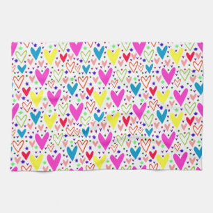 Cute colourful hearts pattern tea towel