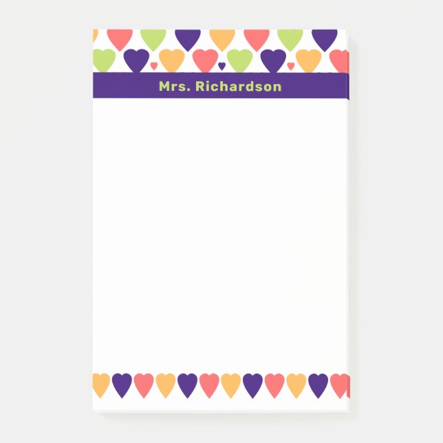 Cute Colourful Hearts Personalised Name School Post-it Notes (Front)