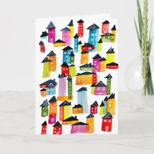 Cute colourful houses watercolor art card