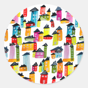 Cute colourful houses watercolor art classic round sticker