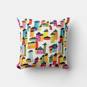 Cute colourful houses watercolor art cushion