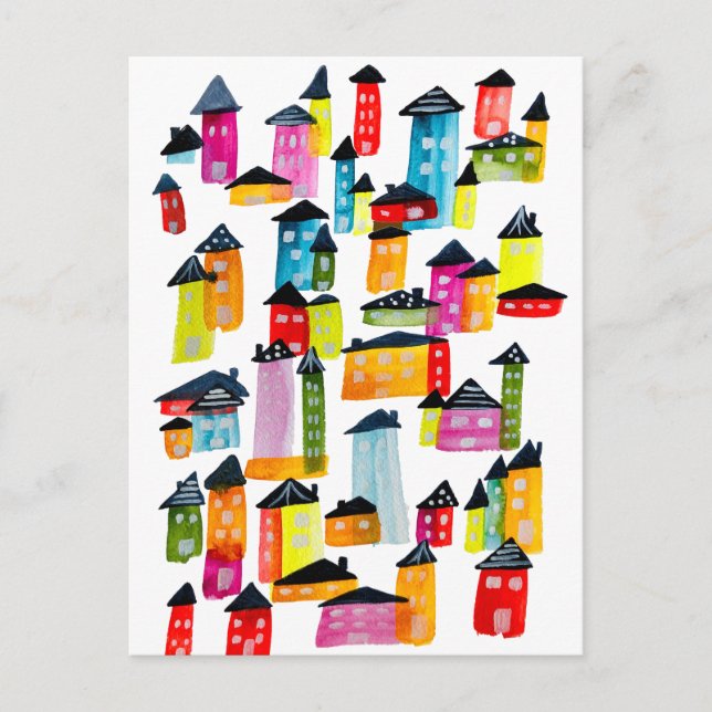 Cute colourful houses watercolor art postcard (Front)