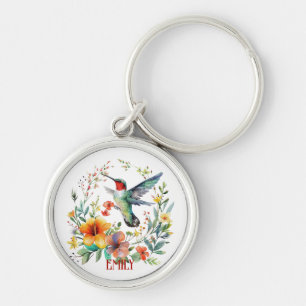 Cute Colourful Hummingbird and flowers Key Ring