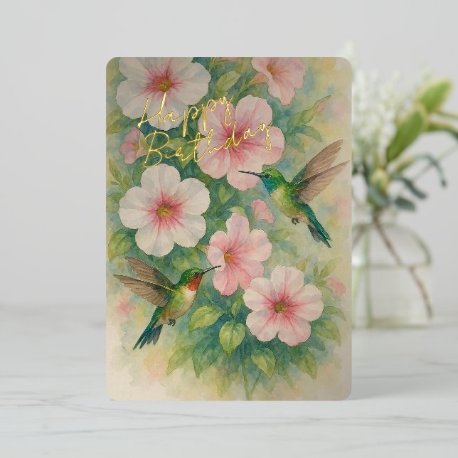 Cute Colourful Hummingbirds Gold Foil Birthday Car (Standing Front)