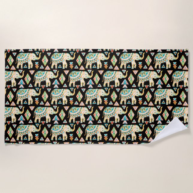 Cute colourful indian elephants pattern beach towel (Front)