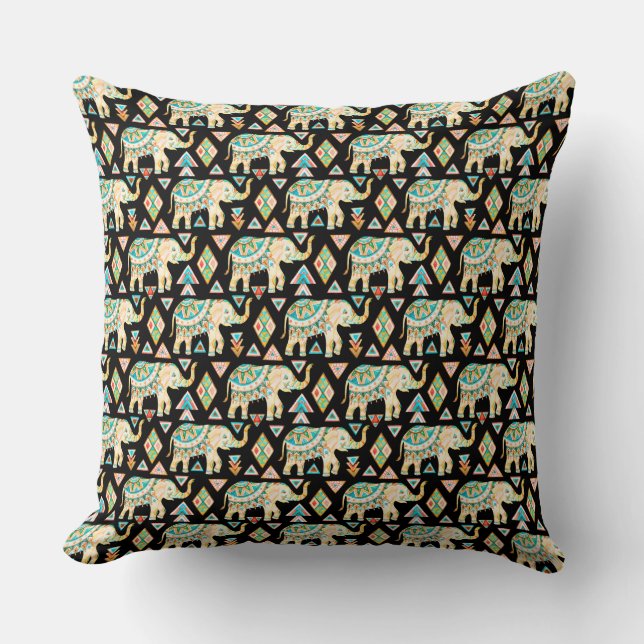 Cute colourful indian elephants pattern cushion (Front)