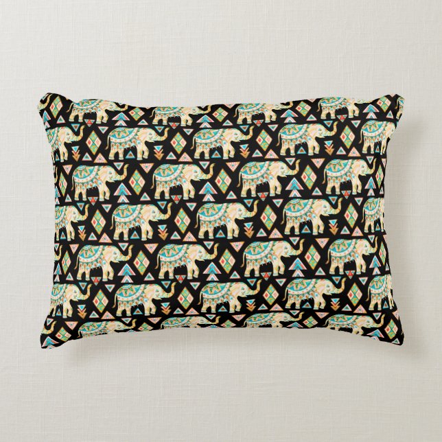 Cute colourful indian elephants pattern decorative cushion (Front)