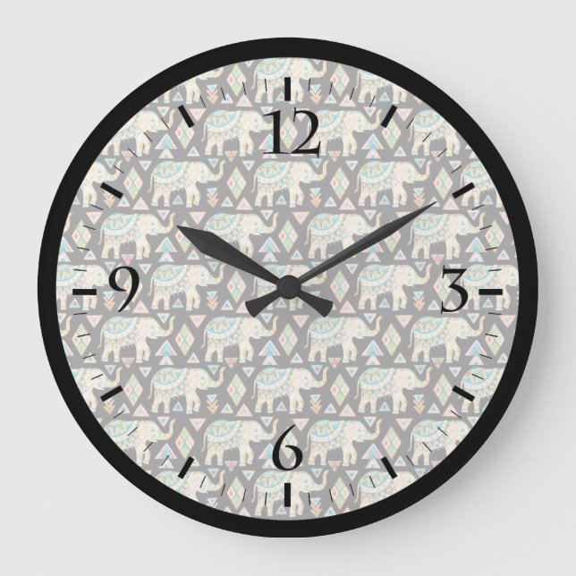 Cute colourful indian elephants pattern large clock (Front)
