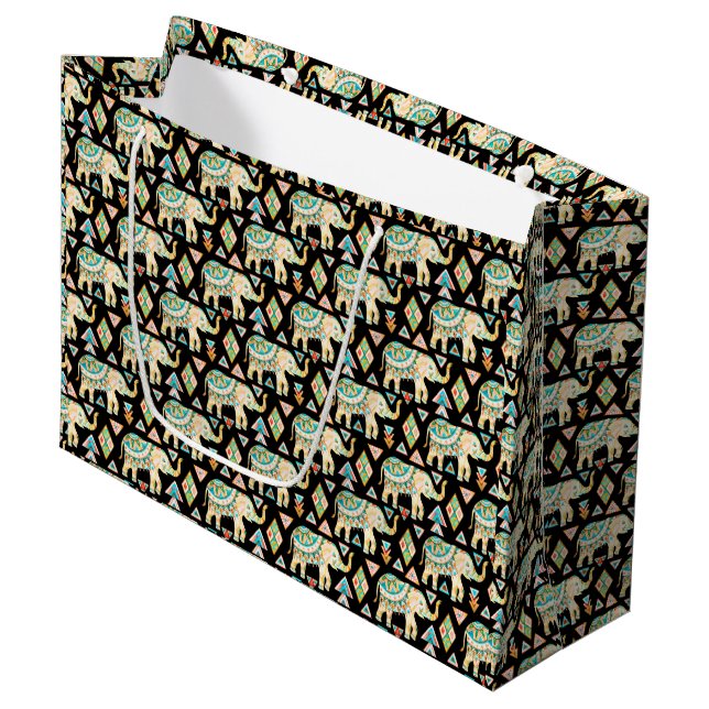 Cute colourful indian elephants pattern large gift bag (Front Angled)