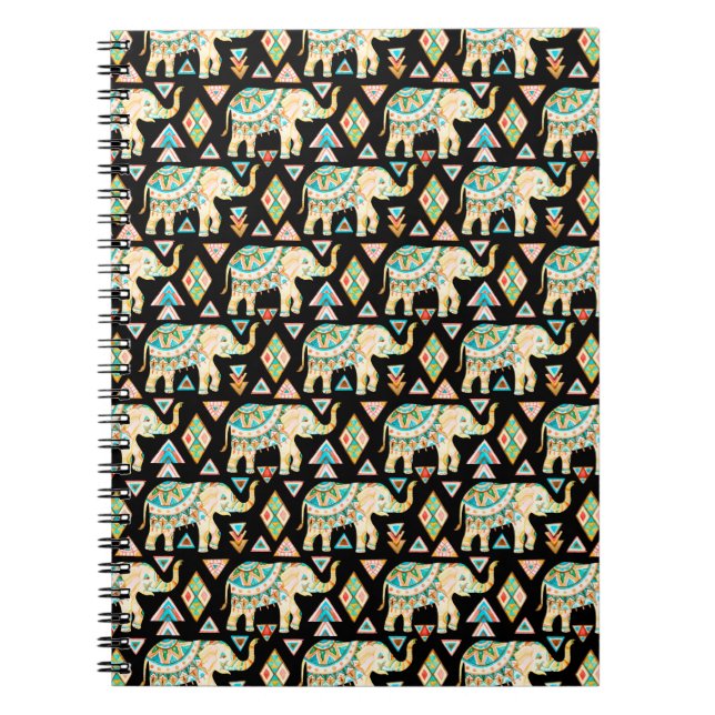 Cute colourful indian elephants pattern notebook (Front)