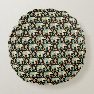 Cute colourful indian elephants pattern round cushion