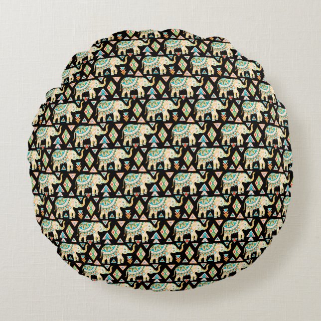 Cute colourful indian elephants pattern round cushion (Front)