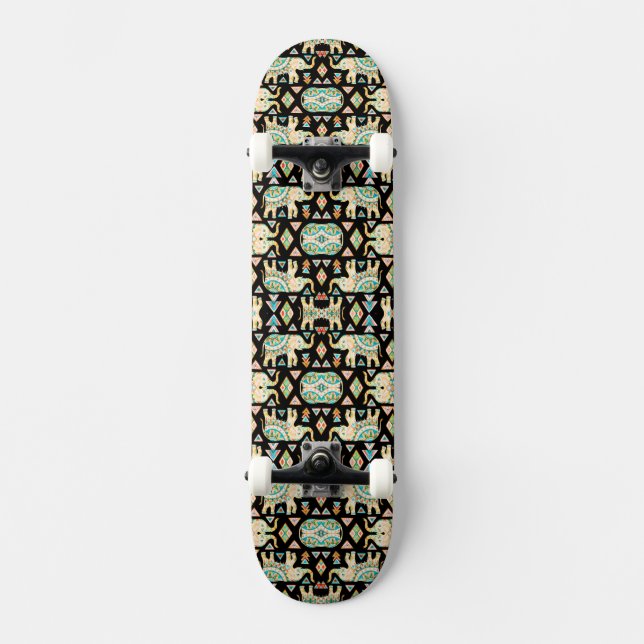 Cute colourful indian elephants pattern skateboard (Front)