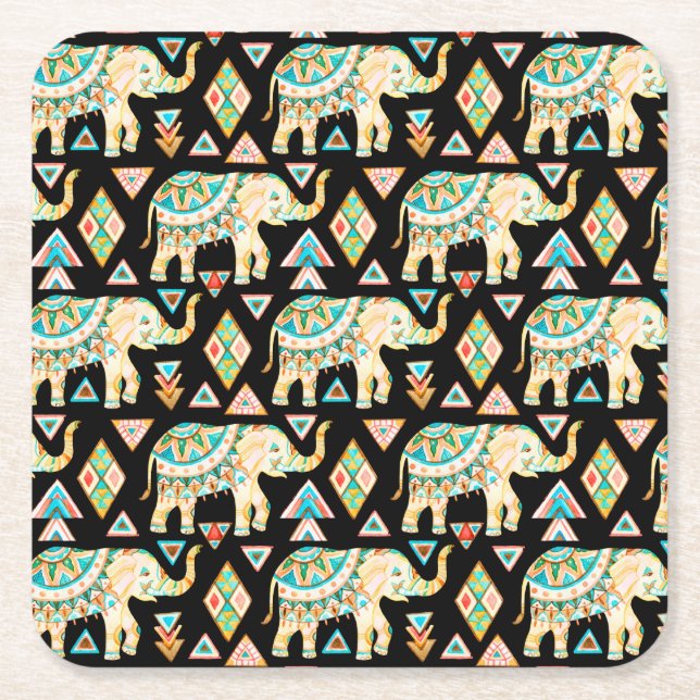 Cute colourful indian elephants pattern square paper coaster (Front)