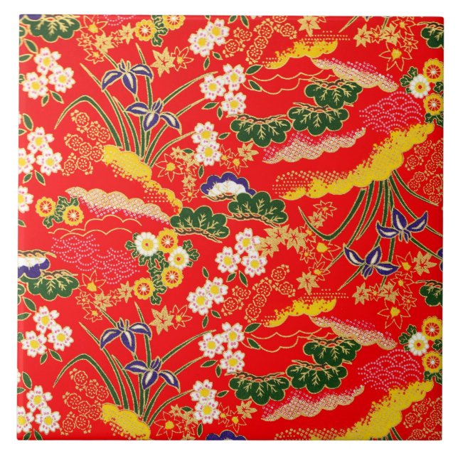 Cute colourful japanese floral patterns tile (Front)