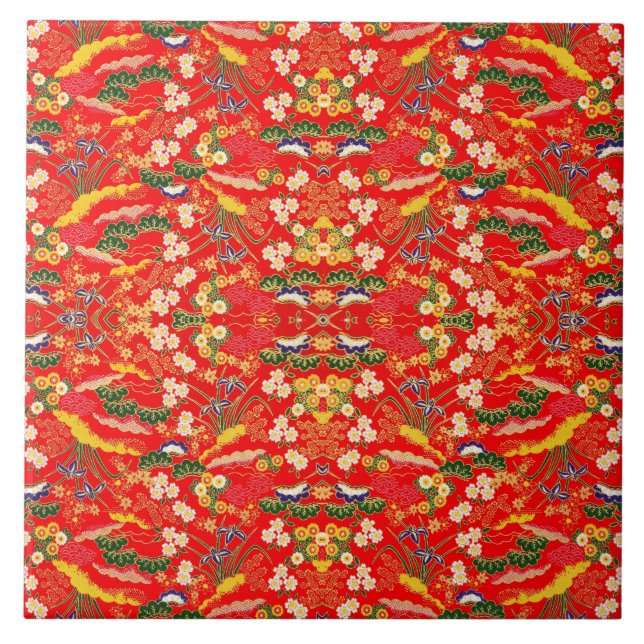 Cute colourful japanese floral patterns tile (Front)