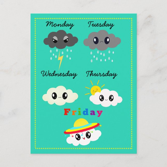 Cute Colourful Kawaii Clouds of the Week Fri-Yay Postcard (Front)