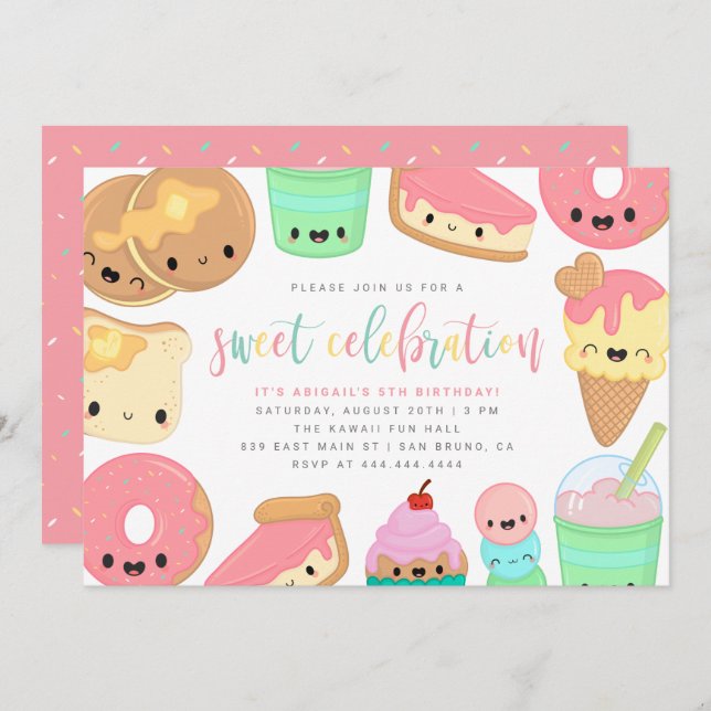 Cute Colourful Kawaii Sweet Elements Kids' Birthda Invitation (Front/Back)