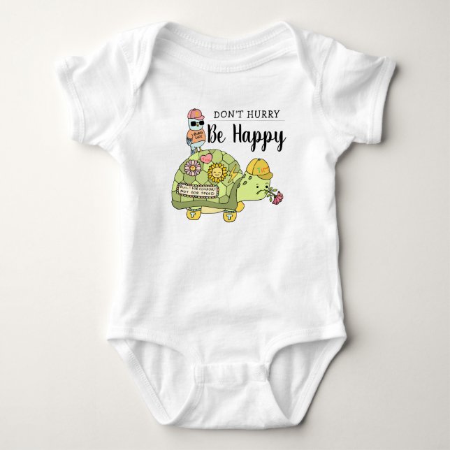 Cute Colourful Kawaii Tortoise Cartoon Be Happy Baby Bodysuit (Front)