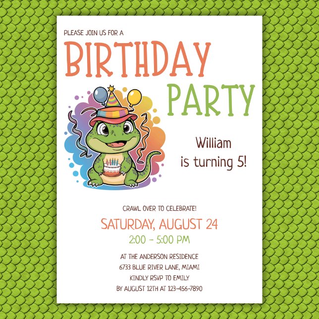 Cute Colourful Kids Reptile Theme Birthday Party Invitation (Creator Uploaded)