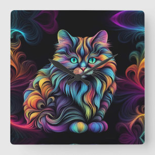 Cute Colourful Kitty Cat Art  Square Wall Clock