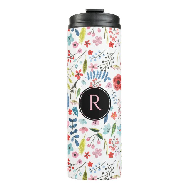 Cute Colourful Leafs & Flowers Botanical Pattern Thermal Tumbler (Front)