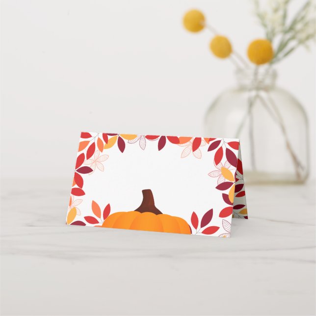 Cute Colourful Leaves Pumpkin Frame Place Card (Front)