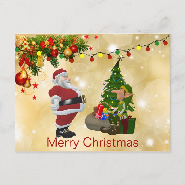 Cute, Colourful Lights, Santa Claus, Elf, Christma Postcard (Front)