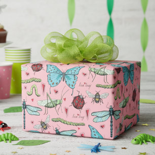 Cute Colourful Love Bug Insects Pink Wrapping Paper
