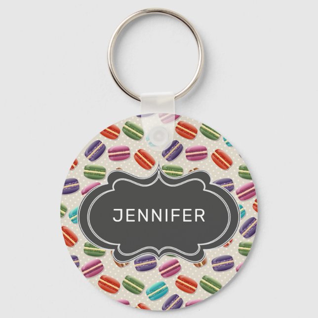 Cute Colourful Macarons Pattern with Polka Dots Key Ring (Front)