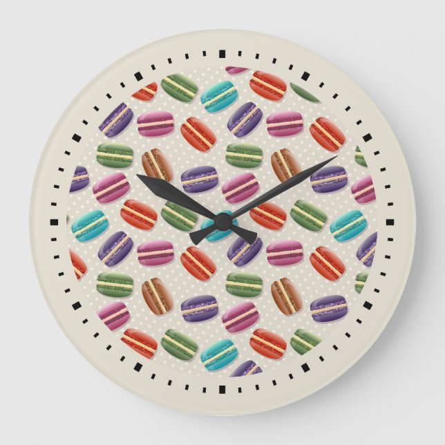 Cute Colourful Macarons Pattern with Polka Dots Large Clock (Front)