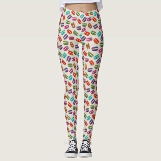 Cute Colourful Macarons Pattern with Polka Dots Leggings (Front)