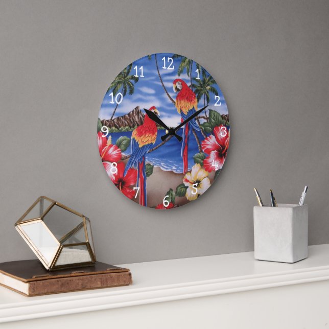 Cute Colourful Macaw Parrots On Hawaiian Beach Large Clock (Office)