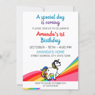 Cute Colourful Magical Rainbow Unicorn 1st Birthda Invitation