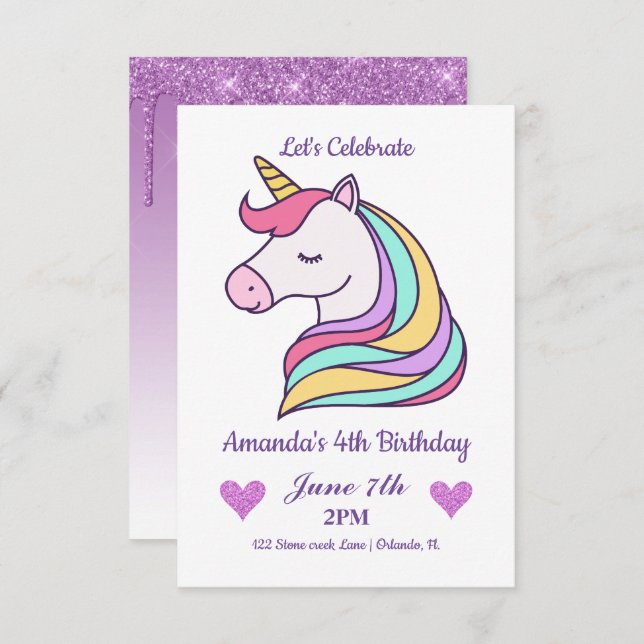 Cute Colourful Magical Unicorn Birthday Invitation (Front/Back)